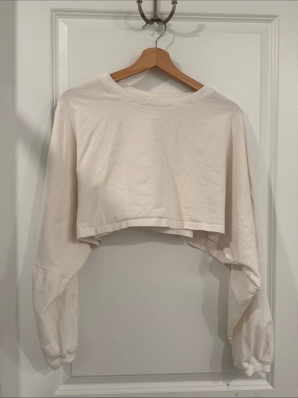 Cropped Long-Sleeve Crew Top in Cream